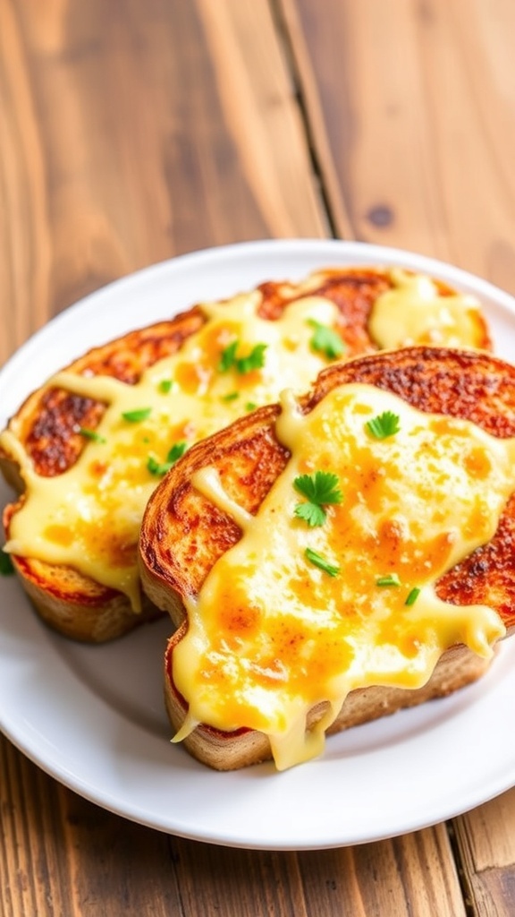 Five Cheese Texas Toast Recipe Five Cheese Texas Toast with melted cheese and parsley on a rustic wooden table.